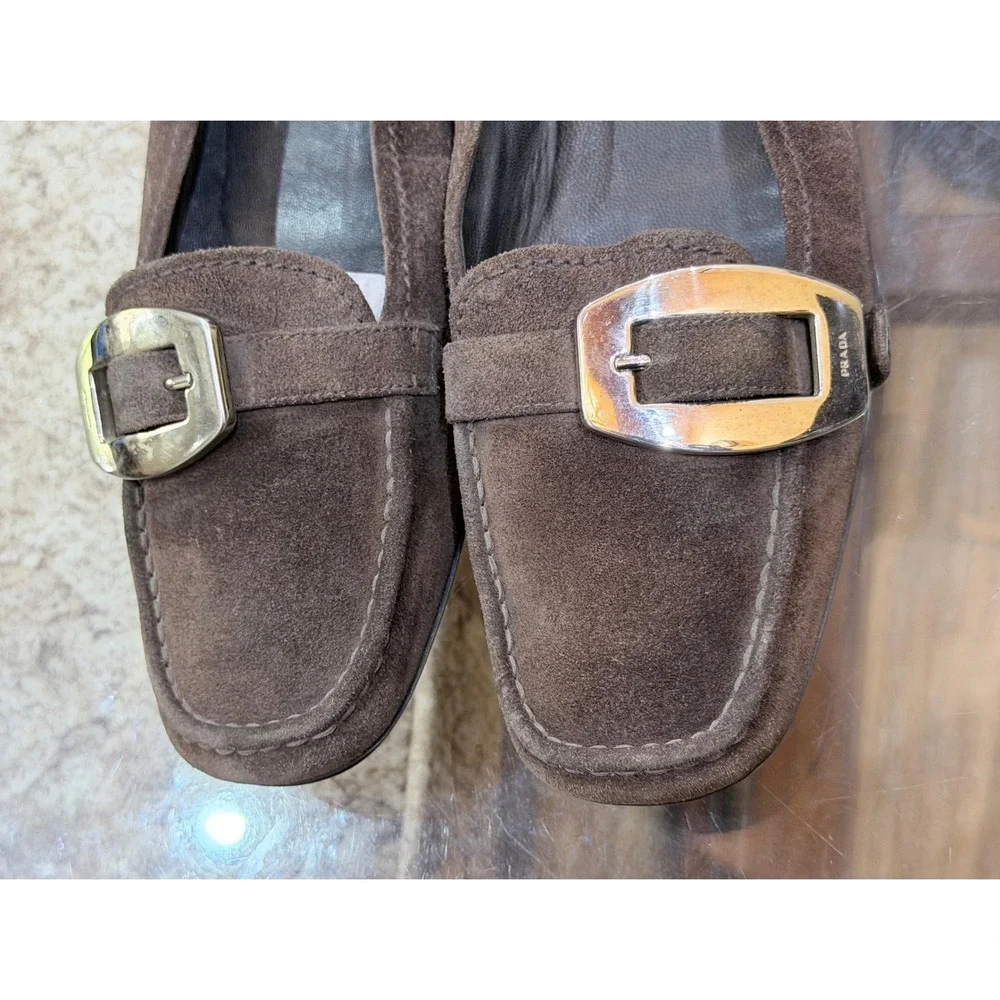 Prada Brown Suede Buckle Loafers Square Toe Flats Made in Italy Size 39 EU
